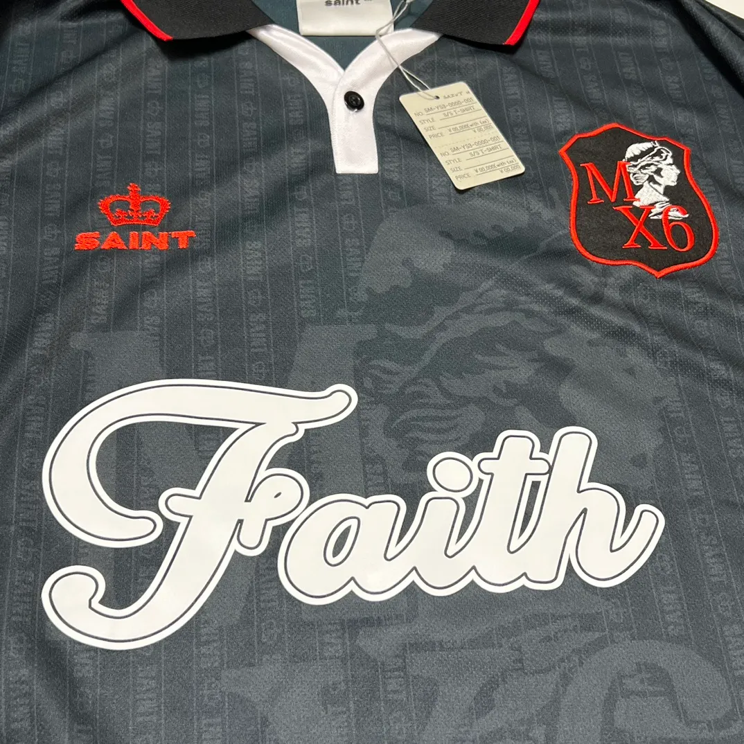 SAINT M×××××× SOCCER SHIRT 'FAITH'/BLK FAITH Football Long Sleeve Black S-XL This design has a lot of craftsmanship Digital fabric printing/front positioning printing laser cutting Offset printing + flocking printing + embossing Imported Behringer machine embroidery Flat machine collar + cuffs Genuine consistent main mark/wash mark/cherub mark